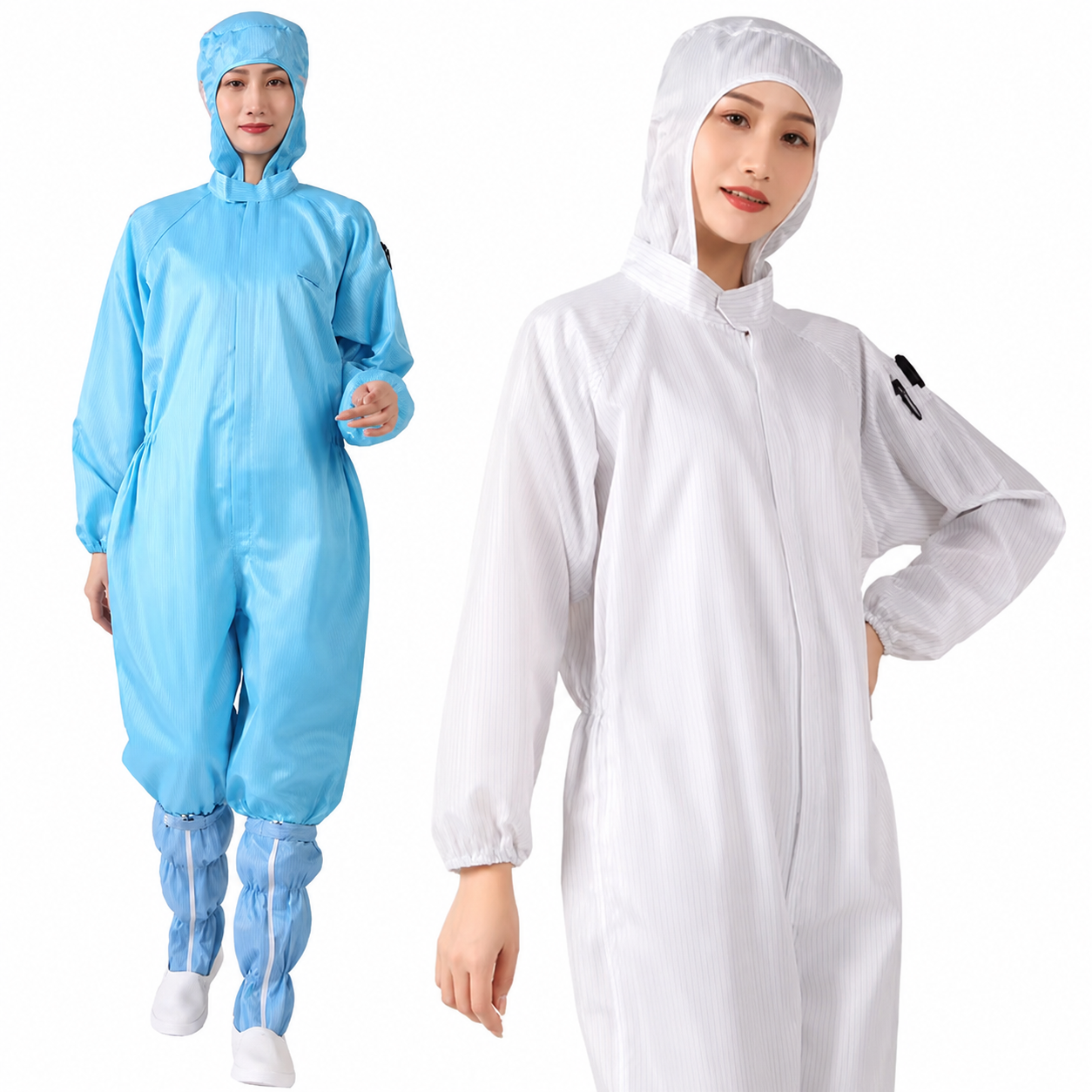 Quần áo phòng sạch liền thân màu xanh và trắng thiết kế có mũ trùm đầu, bo tay bo chân chống bám bụi hiệu quả, chất liệu nhẹ thoáng khí phù hợp sử dụng trong phòng sạch, nhà máy điện tử và môi trường sản xuất yêu cầu độ sạch cao.